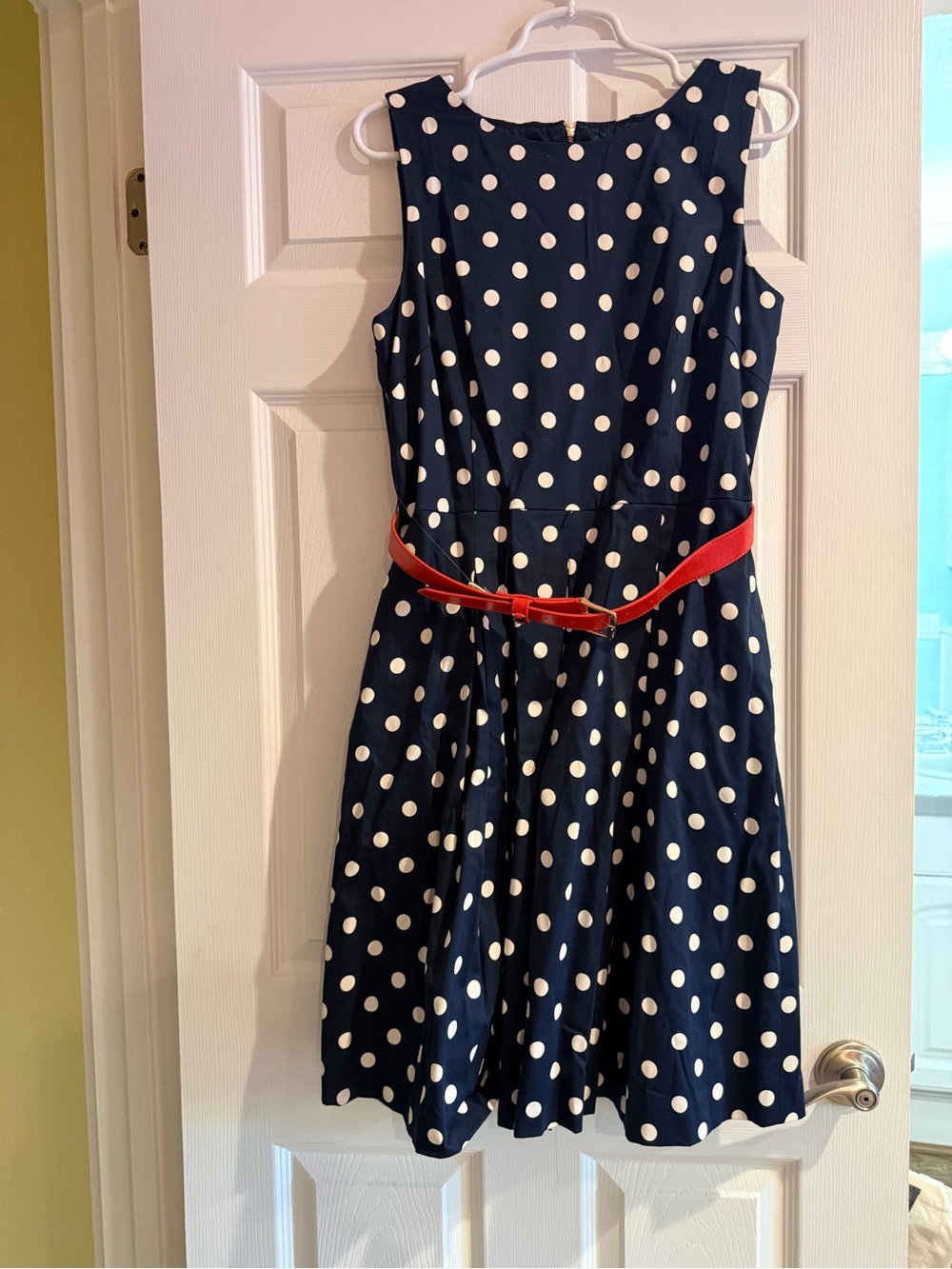 Tahari ASL Navy & White Dot Print Belted Dress 10 NWT
